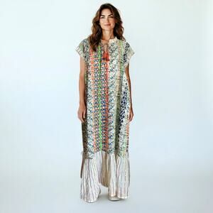 Gold & Silver Paris Cotton Boho Caftan Maxi Dress TU Tassel Beach Cover Up